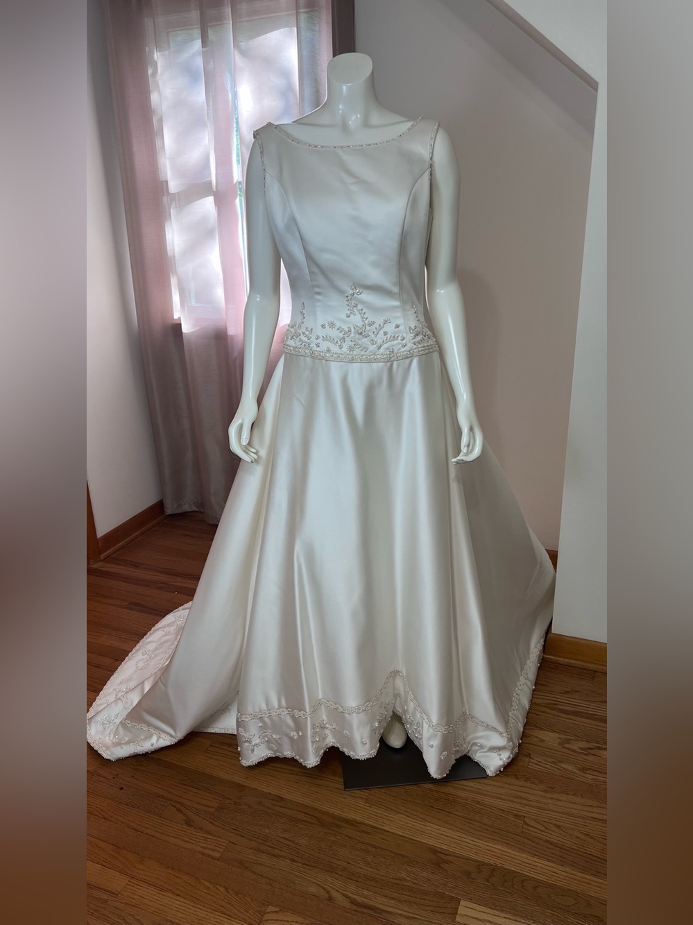 David's Bridal Ivory Satin A-Line Wedding Gown with Beaded Accents